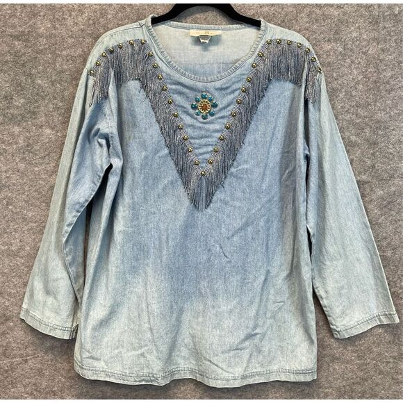Vintage MISS & MRS Outfit Set Women's Medium Blue Cotton Denim Studded Fringed - Picture 2 of 14